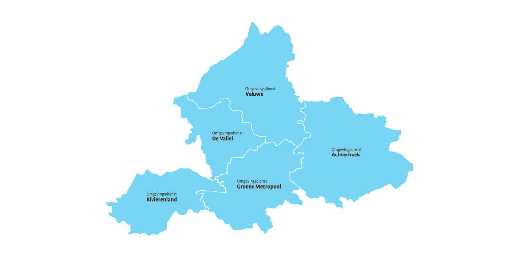Kaart van Gelderland met regio’s van verschillende omgevingsdiensten. De gemeenten Nijkerk, Barneveld, Ede, Wageningen en Scherpenzeel vallen onder Omgevingsdienst De Vallei.